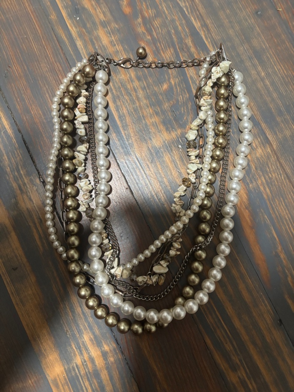 Multi-Strand Pearl and Metallic Bead Necklace - White & Gold